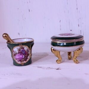 Limoges France Footed Lidded Trinket Jewelry Box + Mortar and Pestle Porcelain